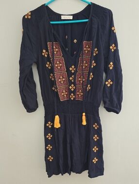 Embroidered Navy Midi Dress with Yellow Tassels